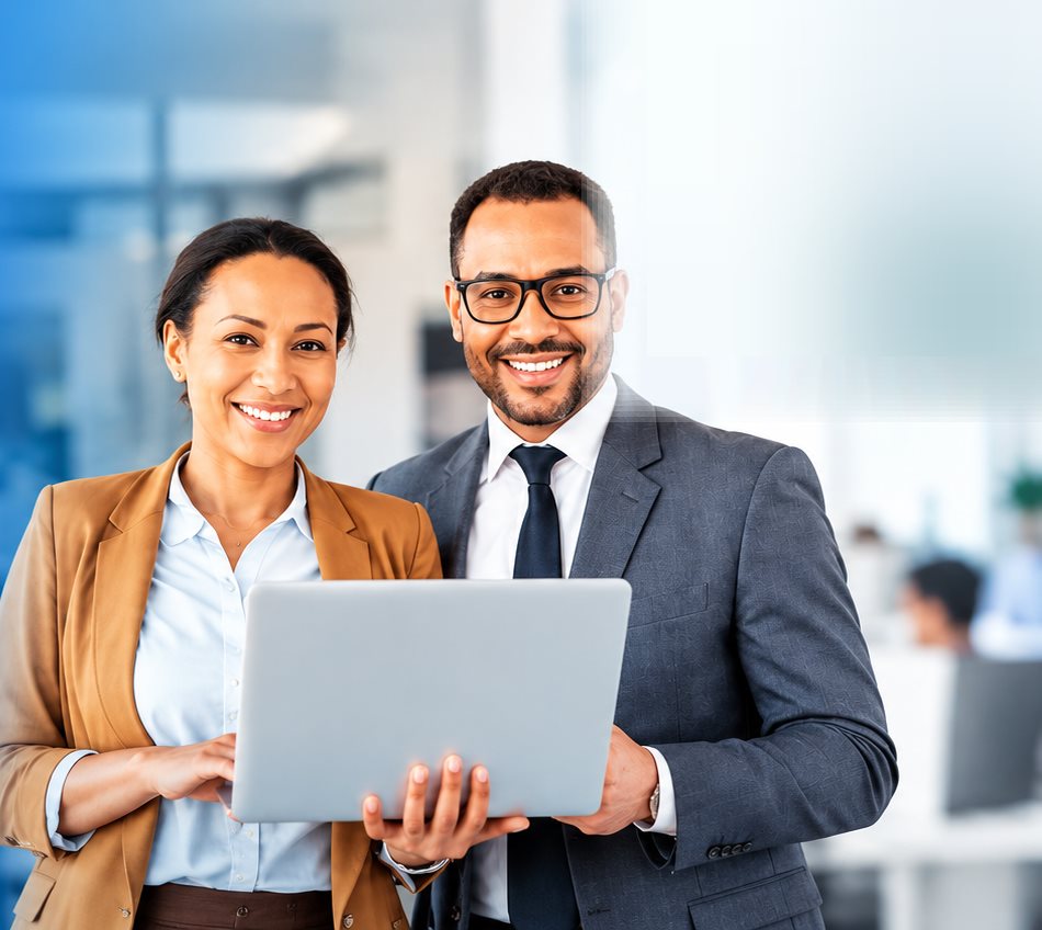 Deux professionnels souriants avec un ordinateur portable