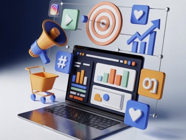Ordinateur entouré d'icônes de marketing digital : mégaphone, cible, statistiques, mentions J'aime