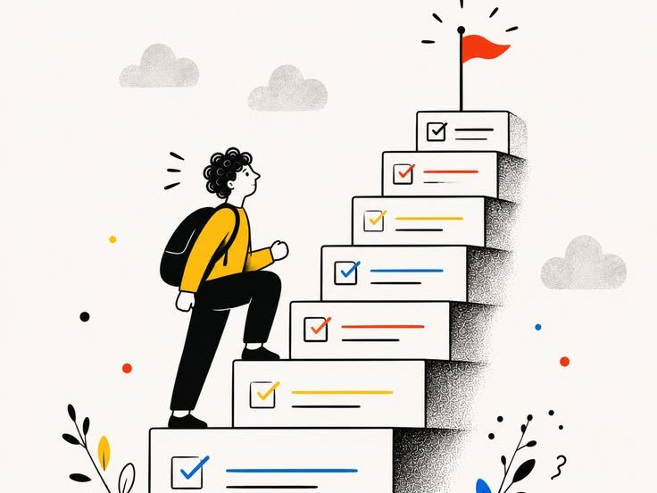 Illustration : une personne gravit un escalier de démarches validées jusqu'au drapeau d'arrivée